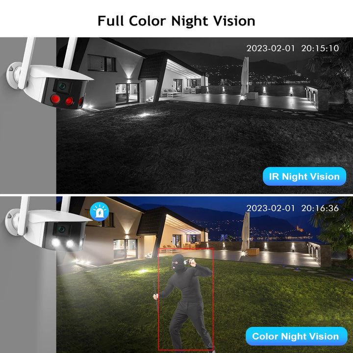 Techage 4MP Dual Lens WiFI IP Camera 180° Ultra Wide View Angle Outdoor Panoramic Wireless Camera Human Detection Coloful Night